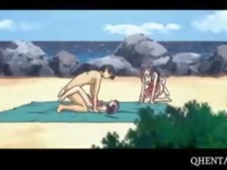 Hentai kuřátko vyjížďky manhood v trojice na the pláž