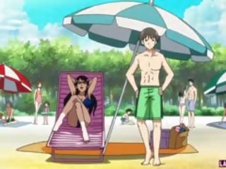 Hentai deity în bikini devine inpulit pe the plaja