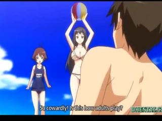 Swimsuit hentai young lady oralsex and riding bigcock in the beach