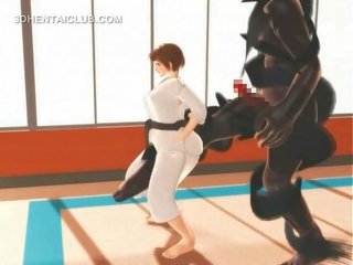 Hentai karate älskling munkavle på en massiv sticka i 3d